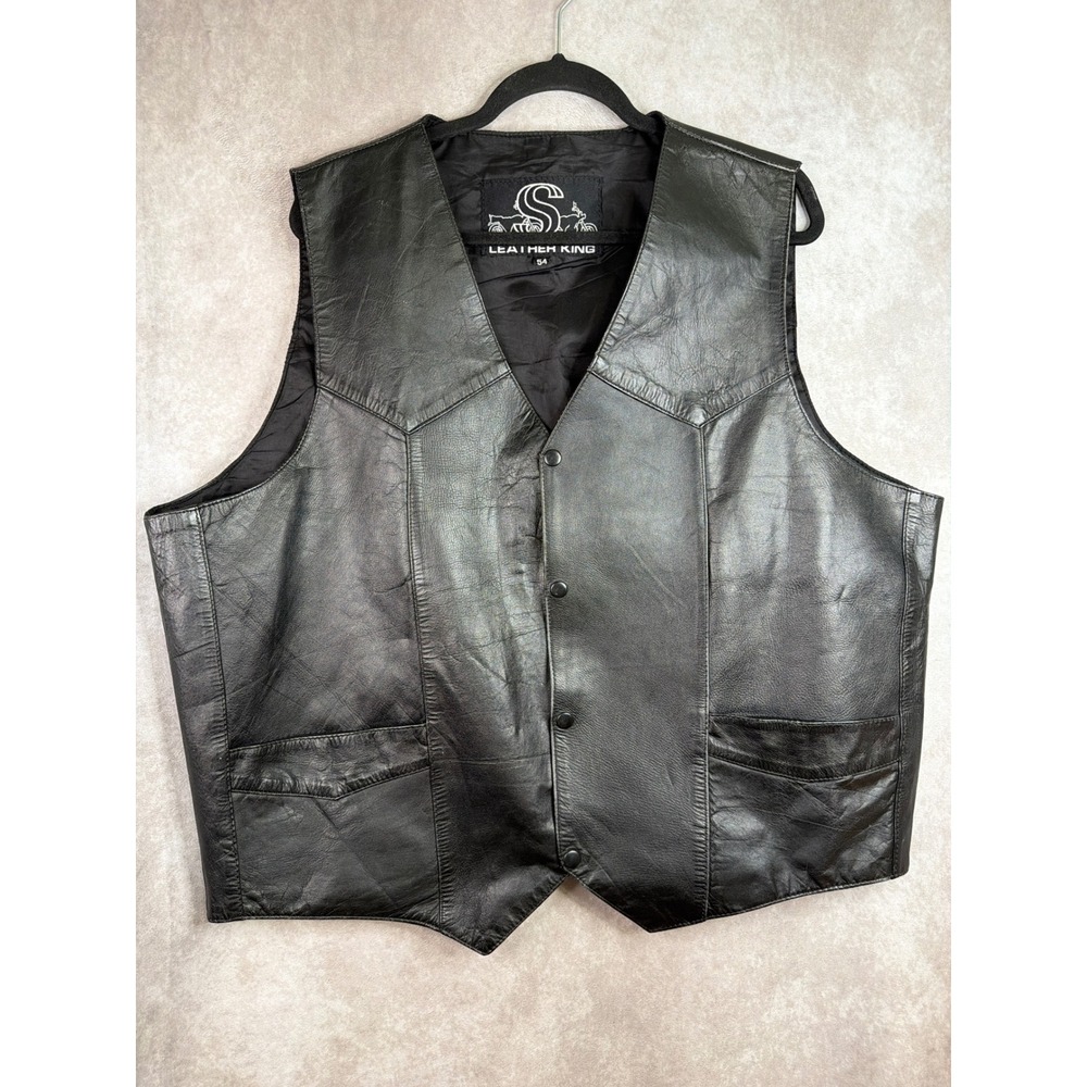 VTG Leather King Biker Vest Men 54 Black Leather Snap Front Western Motorcycle